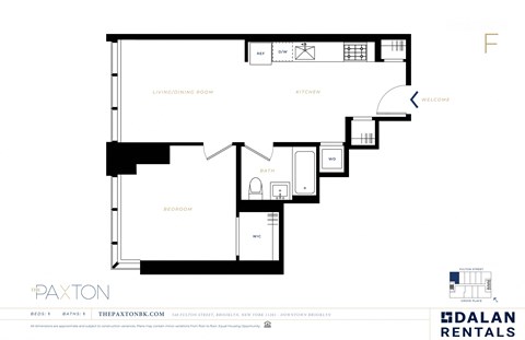 Floor plan for 1 bed, 1 bath, 583 sqft